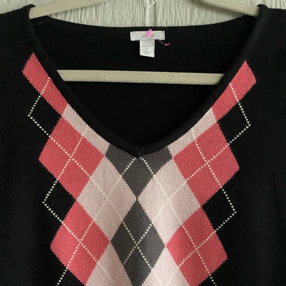 Y2K Argyle Black Pink V-Neck Sweater Barbiecore Schoolgirl Preppy Academia Sz PL - Picture 4 of 8